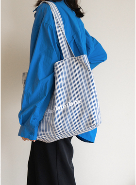 MOREGOOL 24/SS原创 深蓝色条纹印花单肩帆布包 日常轻便棉托特包