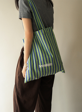 MOREGOOL 原创“海盐蜜瓜”蓝绿色条纹帆布包 日常大容量托特包