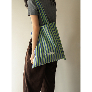 蓝绿色条纹帆布包 海盐蜜瓜 日常大容量托特包 原创 MOREGOOL