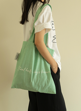 MOREGOOL 原创薄荷曼波绿色条纹印花帆布包 日常大容量托特电脑包