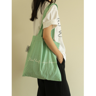 MOREGOOL 原创薄荷曼波绿色条纹印花帆布包 日常大容量托特电脑包