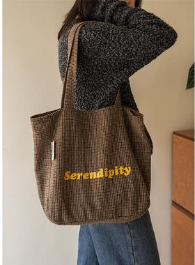 MOREGOOL 24/FW原创 复古细格子羊毛呢印花托特包 日常通勤大容量