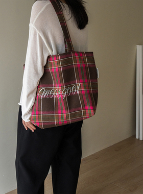 MOREGOOL 原创玫红色格纹印花托特包 日常通勤大容量单肩电脑包