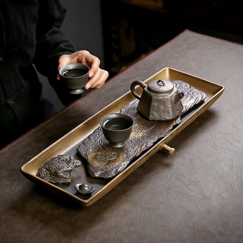 粗陶鎏金铁釉双层排水茶盘