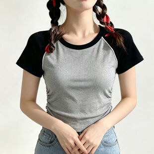 2026夏季撞色插肩短袖T恤女 修身显瘦坑条针织圆领打底衫短款上衣