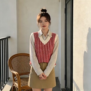 2026春秋千鸟格针织马甲女 新款V领宽松叠穿外搭学院风无袖背心