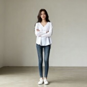 2026春夏V领宽松衬衫 慵懒风设计感小众衬衣 上衣 女 前长后短长袖