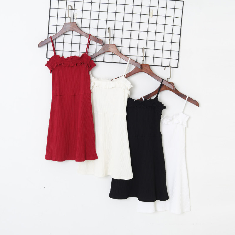 2021春季女装时尚欧美风纯色领口木耳饰高腰修身显瘦弹力吊带裙