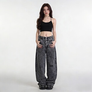 高腰显瘦破洞宽松直筒老爹裤 2026春秋黑灰色雪花洗阔腿牛仔裤 女