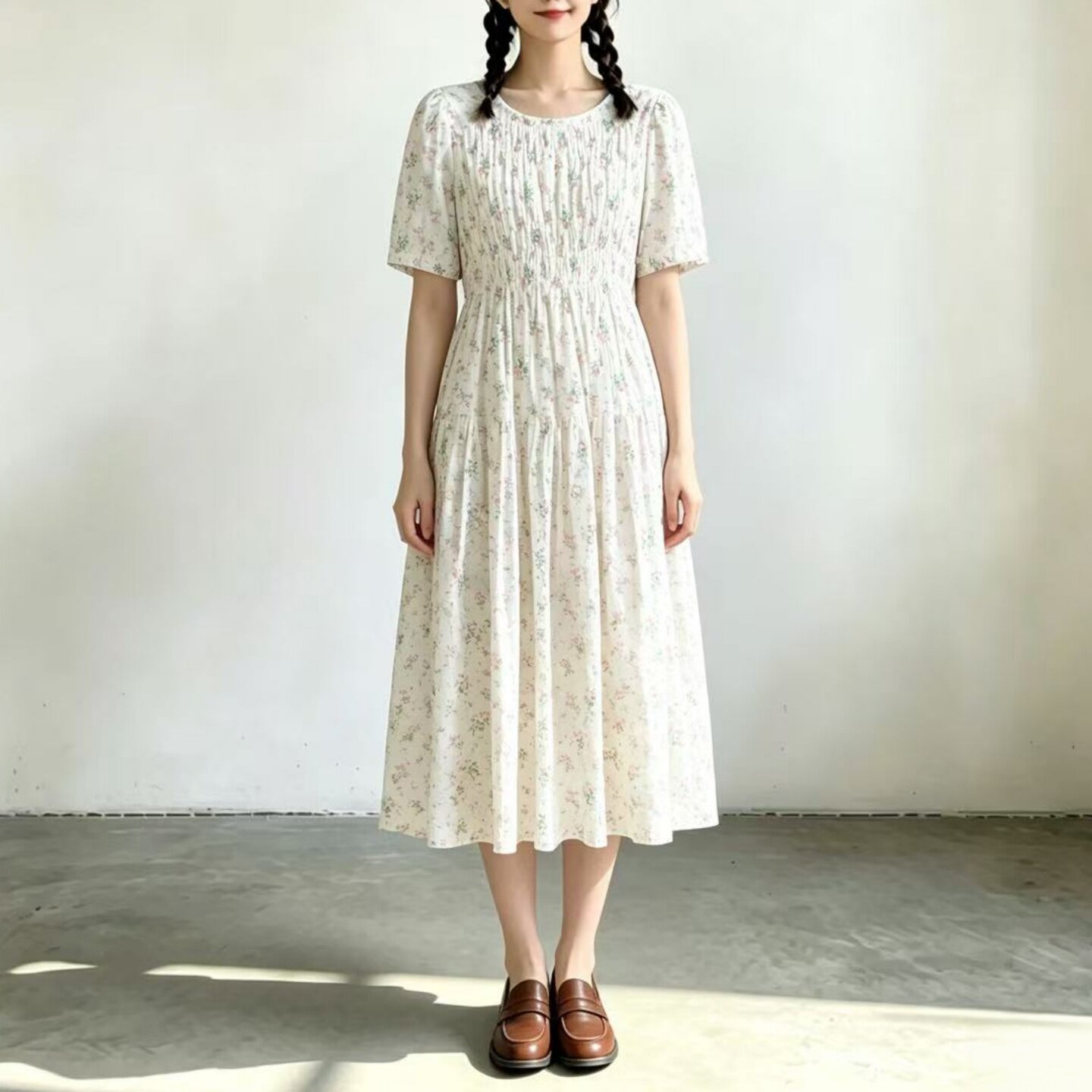 2026夏季法式圆领小碎花连衣裙女 泡泡袖收腰温柔风出游百搭长裙