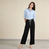 2026春秋黑色松紧腰阔腿裤 简约百搭直筒长裤 女 垂顺显瘦休闲西裤