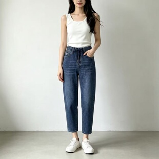 2026春夏松紧腰哈伦牛仔裤女 高腰弹力九分裤显瘦宽松休闲萝卜裤