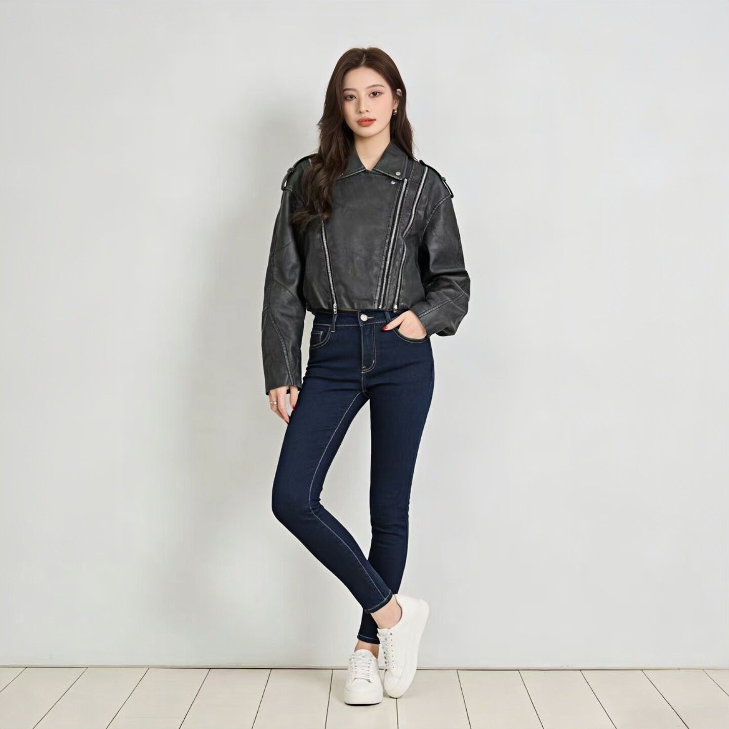 2025秋冬做旧风黑色PU皮衣女 宽松机车夹克 复古哑光皮质显瘦外套
