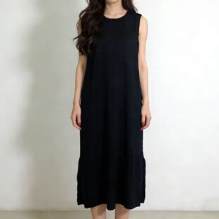 通勤休闲百搭显瘦 宽松直筒开衩长裙 2026春夏无袖 圆领连衣裙女