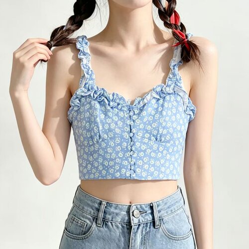 蓝底碎花雪纺吊带背心女夏露腰