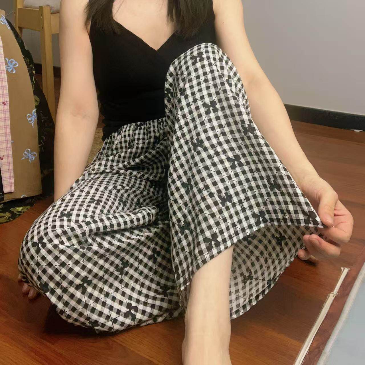 棉绸睡裤女夏薄款棉绸九分阔腿裤印花居家可外穿人造棉多尺寸可选