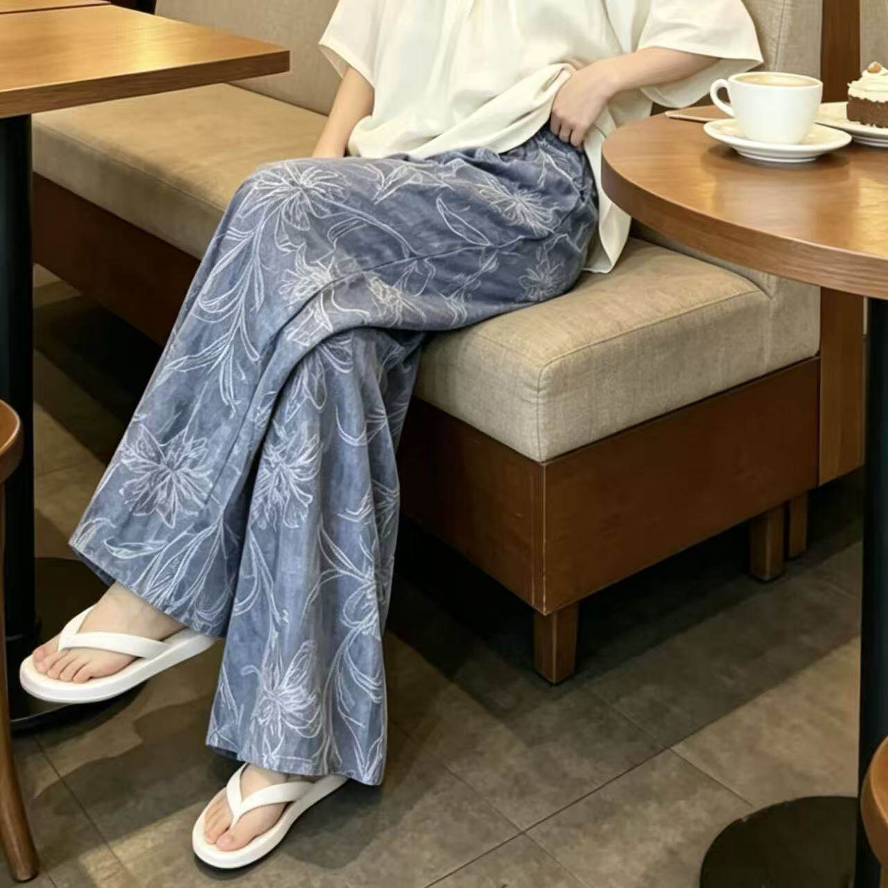 双侧带口袋棉绸绵绸人造棉高腰显瘦直筒裤女宽松休闲百搭阔腿长裤