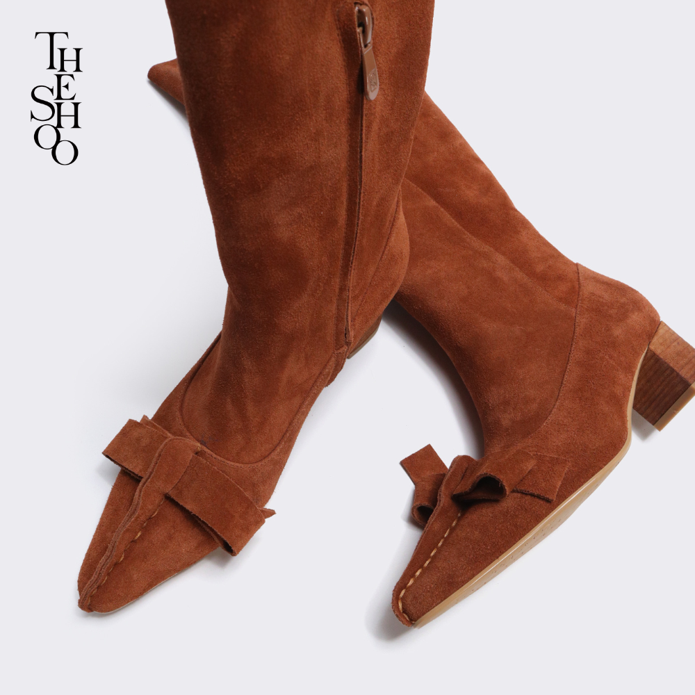 THE SHOO设计师款真皮牛反绒手工缝制蝴蝶结中跟 高跟长靴