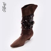 THE SHOO流苏闪片复古华丽方头真皮高跟靴