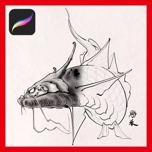纹身笔刷ipad procreate新传统龙鱼设计参考绘画软件刺青手稿素材