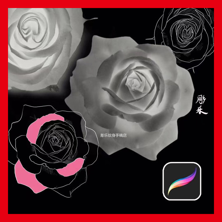 procreate纹身笔刷欧美写实黑灰高级感玫瑰植物线稿图案ipad素材_虎窝淘