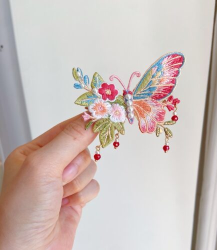 ｛石榴蝶刺绣花发夹｝汉服后压发饰胸针中国风洛丽塔旗袍古风儿童