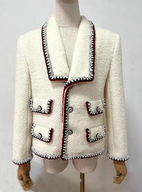 Yan.高级成衣定制 法式小香风白色圈圈绒小方领四口袋外套