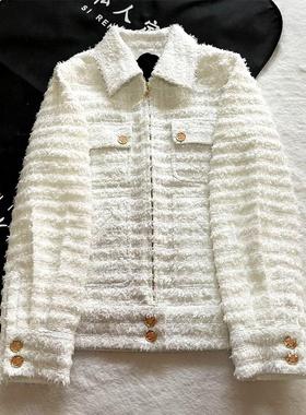 Yan.高级成衣定制 白色流苏翻领夹克外套