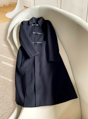 Yan.高级成衣定制 法式小香风黑色伞形翻领收腰大衣裙