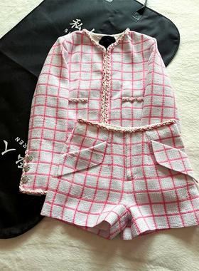 Yan.高级成衣定制 法式小香风粉白色格子粗花呢套装外套+短裤