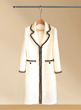 Yan.高级成衣定制法式香风城堡系列翻领粗花呢编织中长款白色大衣