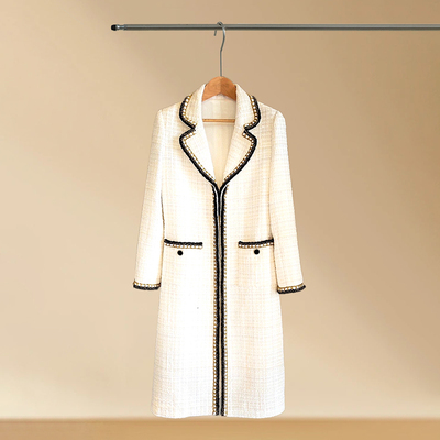 Yan.高级成衣定制法式香风城堡系列翻领粗花呢编织中长款白色大衣
