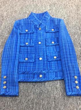 Yan.高级成衣定制 小香风宝蓝色立领六口袋夹克外套