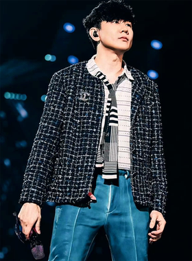 Yan.高级成衣定制 林俊杰同款蓝色圆领小香风粗花呢短款外套