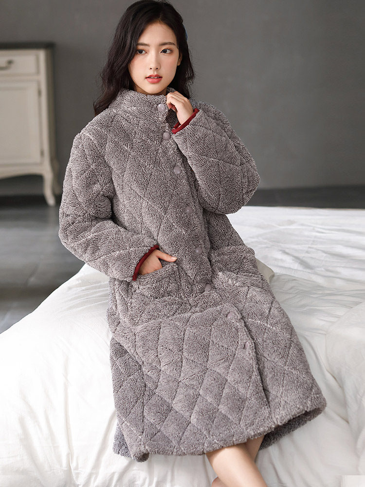 NIGHTGOWN WOMENS WINTER LONG CORAL VELVET THREE-LAYER COTTON PADDED PILE THICKENED FLANNEL CATIONIC PAJAMAS BATHROBE LOUNGEWEAR