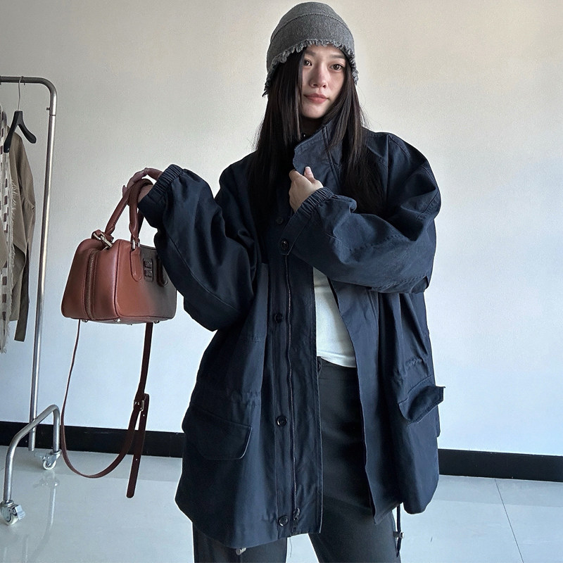 重磅水洗棉立领工装口袋风衣女