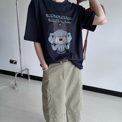 藏青色卡通米老鼠印花短袖T恤女宽松慵懒风大码纯棉上衣圆领休闲