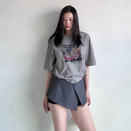 韩版美式卡通印花短袖T恤女宽松百搭慵懒上衣圆领休闲灰色体恤潮