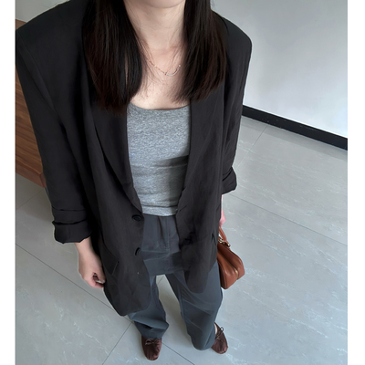 黑色亚麻翻领长袖宽松西装外套女