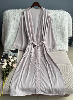 性感女生薄款冰丝睡袍蕾丝浴袍可配吊带四季家居服气质长款家居服