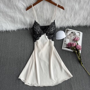 睡衣性感女冰丝春秋蕾丝吊带带胸垫纯色美背高级感家居服夏季吊裙