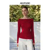 抽褶针织T恤百搭2025秋装 新品 设计性感气质修身 AEL原创法式 打底衫