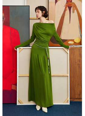 【鱼九九推荐】AEL原创天丝羊毛一字肩连衣裙2025秋季船领连身裙