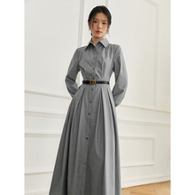 AEL高级感通勤单排扣POLO领连衣裙2025春灰色简约高腰衬衫长裙女