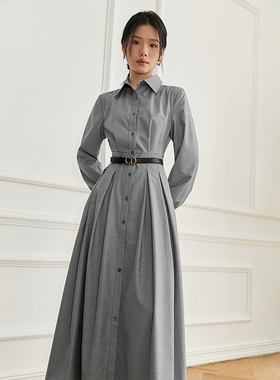 AEL高级感通勤单排扣POLO领连衣裙2025春灰色简约高腰衬衫长裙女