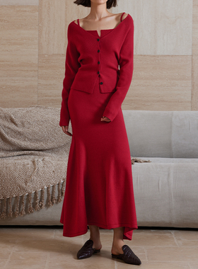 【汤曼妮粉丝专享】AEL原创红色毛衣套装女2025春款洋气羊毛针织