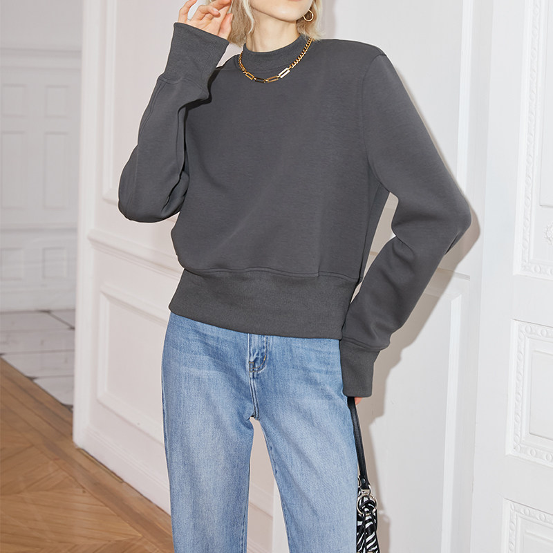 多件多折AEL高级感灰色长袖卫衣女春短款半高领加绒显瘦上衣