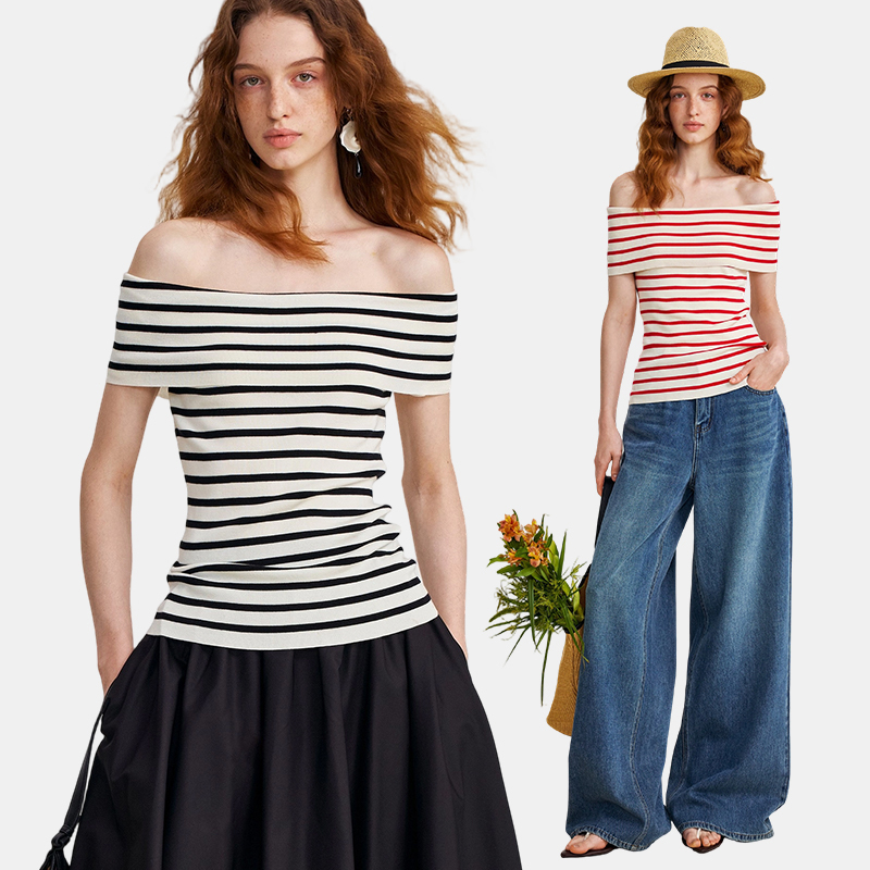 天丝黑白条纹一字领露肩t恤女