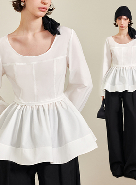 AEL原创法式收腰长袖U领天丝衬衫女士2025秋季新款白色设计感衬衣