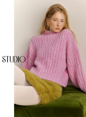 【柒柒】AEL原创半高领坑条羊毛毛衣女2025秋冬季百搭粉色针织衫